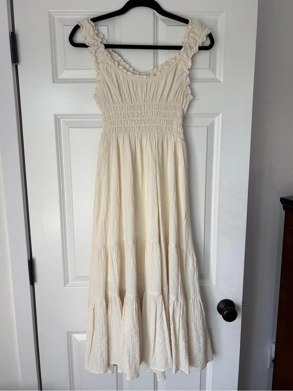 cream smocked ruffle strap sundress